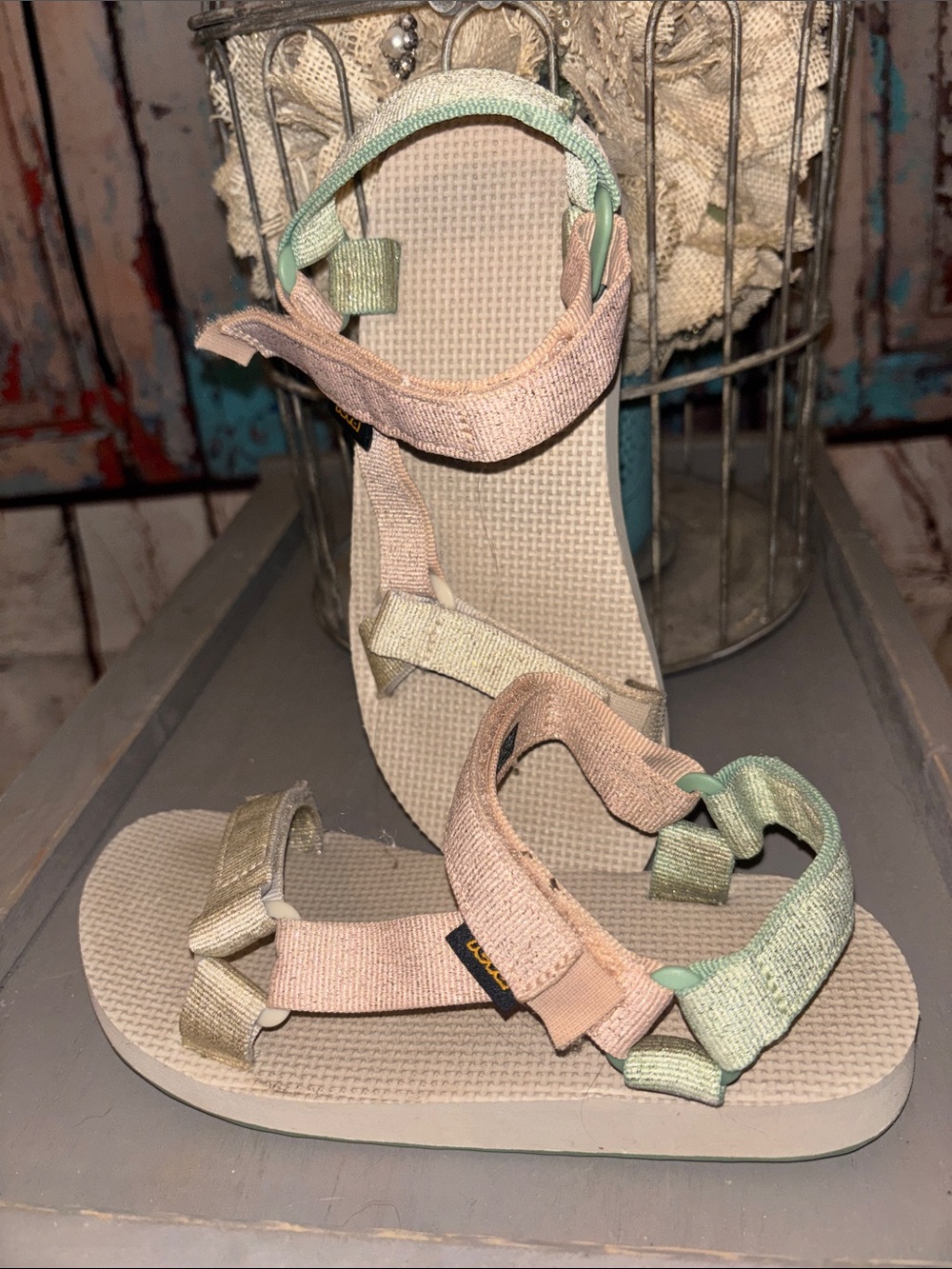 Girls size 2 Teva Sandals in Beige with Blush and Mint Straps sparkly!
